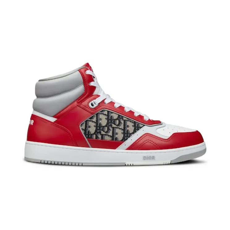 Dior B27 High Red Gray and White Smooth Calfskin with Beige and Black Dior Oblique Jacquard (3SH133ZIR_H360)