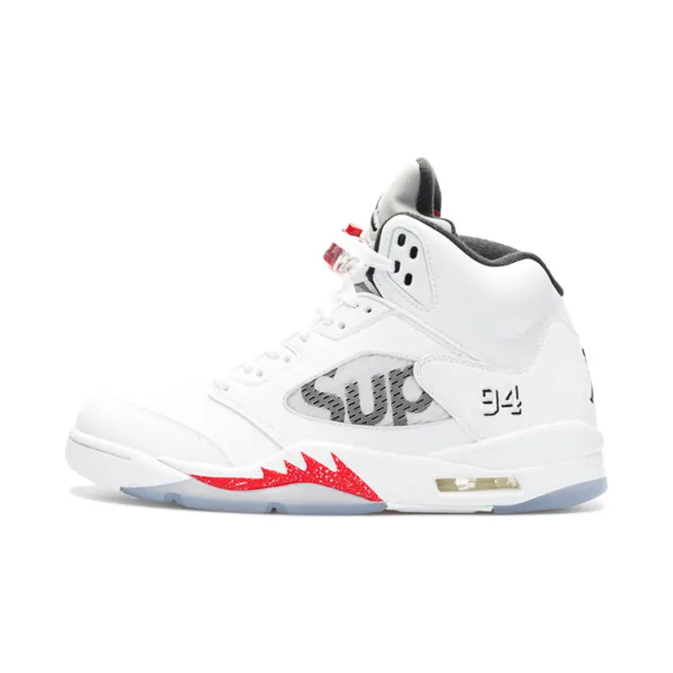 Supreme x Air Jordan 5 Retro ‘White’ White/Fire Red-Black (824371-101)