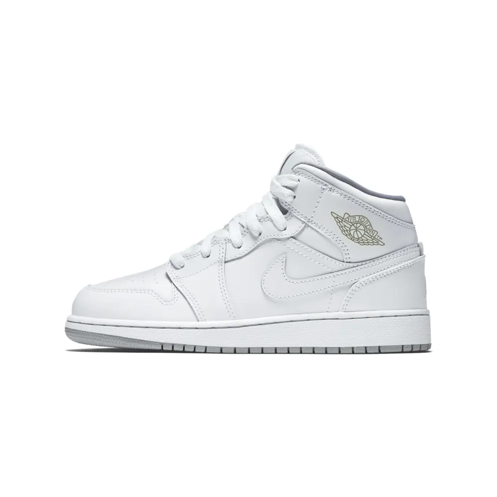 Jordan 1 Mid White (GS) White/White-Wolf Grey (554725-112)