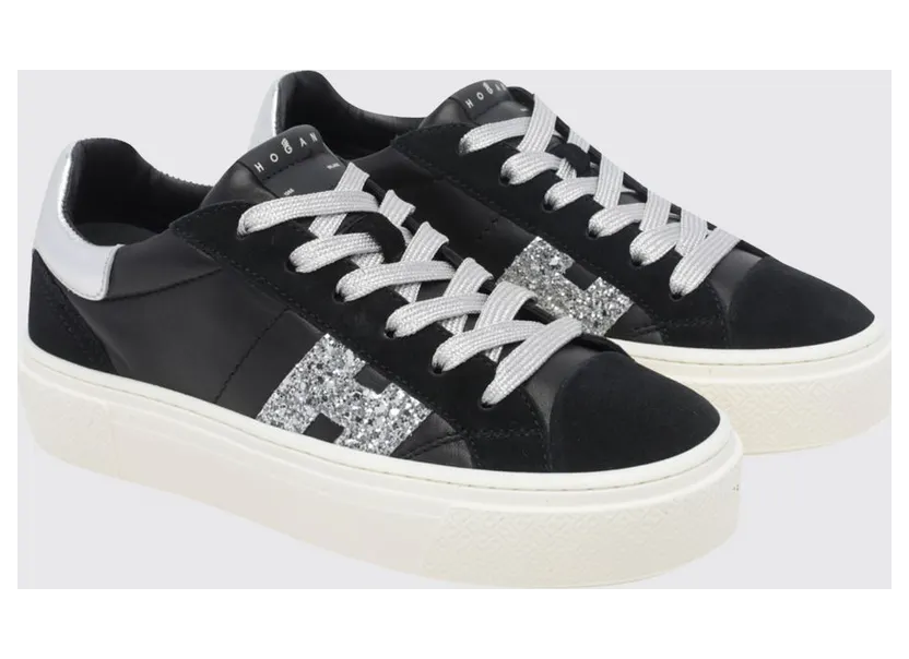Hogan Crosswind Nappa and Suede Leather Sneakers with Glitter Logo and Platform Sole Black (HXW7050GB00VI10353)
