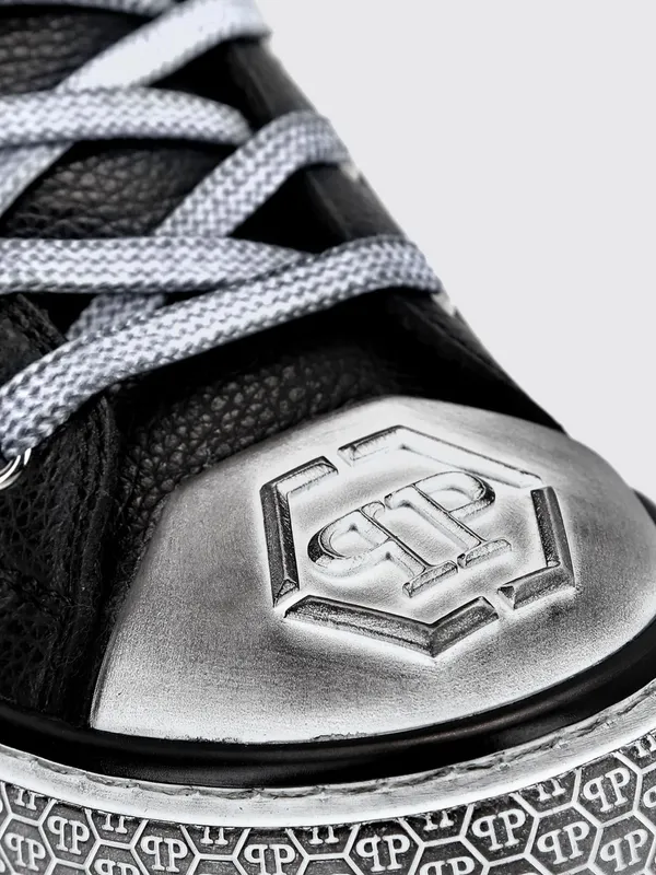 Philipp plein Grained Leather High-Top Sneakers with Rhinestones and Hexagon Logo Black (FAASWSC2177PLE010N02) (3)