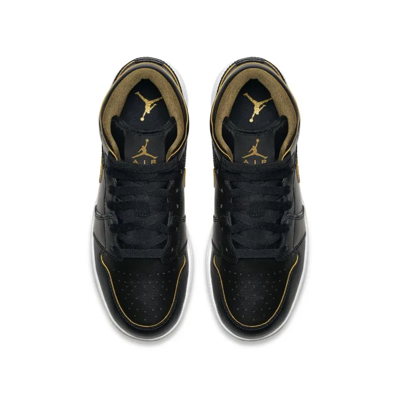 Jordan  1 Mid Black Metallic Gold (GS) Black/Black-Metallic Gold-White (554725-042)