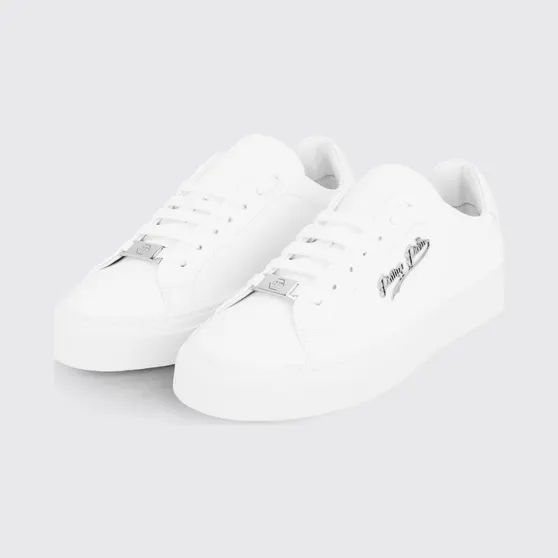 Philipp plein Low Top Smooth Leather Sneakers with Applied Metal Logo White (LADSUSC0790PLE005N01)