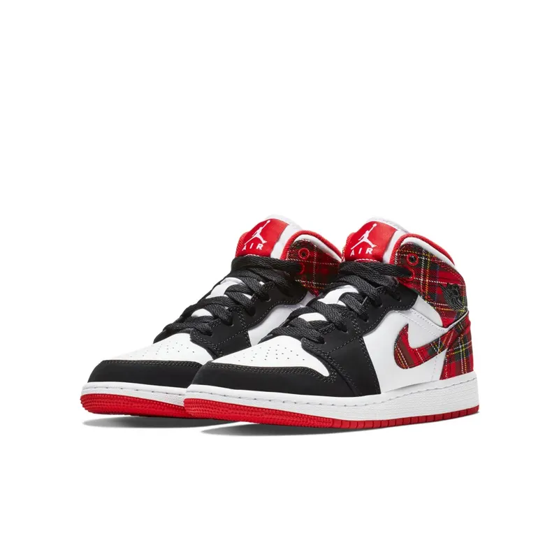 Jordan 1 Mid White Plaid (GS) Habanero Red/Black-White (554725-607)