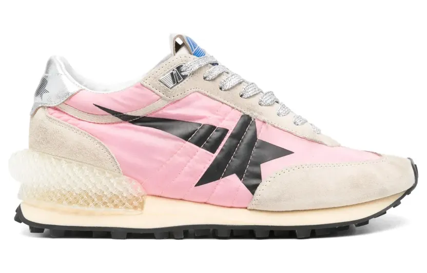 Golden Goose Marathon Sneakers aus rosa Nylon und beigem Wildleder mit schwarzem Stern-Print (GWF00684F006720)
