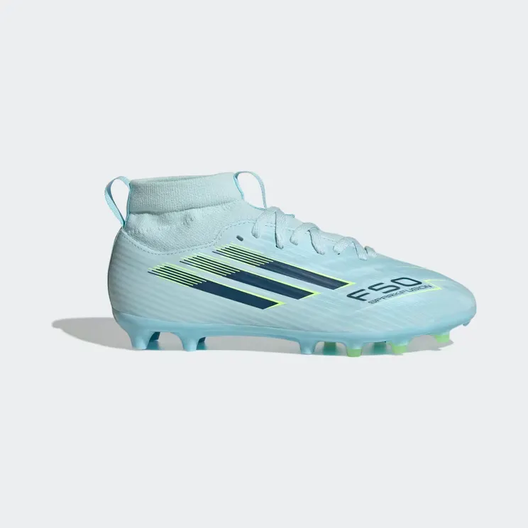 adidas F50 Sparkfusion League Mid Cut Firm Ground / Artificial Ground Football Boots Kids “Almost Blue / Dusky Petrol / Hi-Res Yellow” (IH1771)