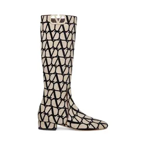 Valentino V’Logo Type Toile Iconographe Boots Beige Black (2W2S0FT9EBH6ZN)
