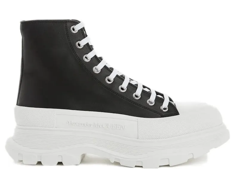 Alexander McQueen Tread Slick High-Top Leather Sneaker Black White (627206WHZ621071)