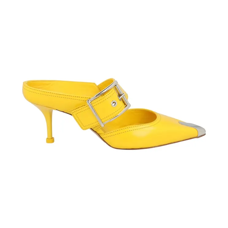 Alexander McQueen Buckle Leather Mules Pop Yellow Silver (709993 WHSWD 7097)