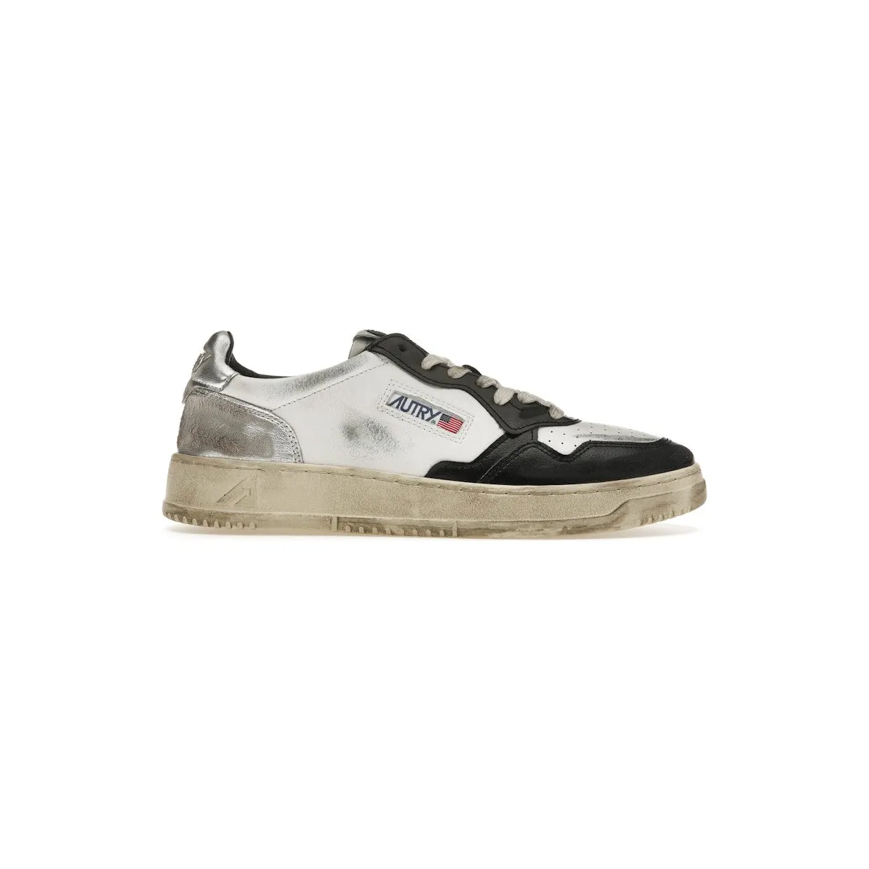Autry Medalist Leather Low Distressed White Black Silver (AVLM-SV11)