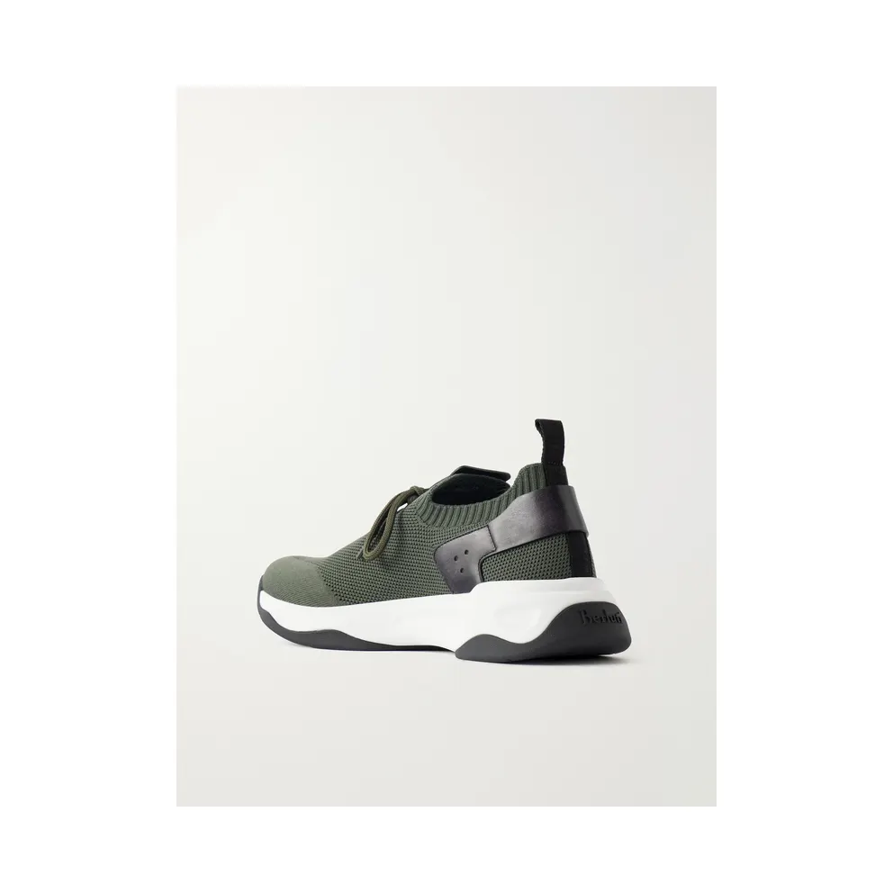 Berluti Shadow Logo-Embroidered Leather-Trimmed Stretch-Knit Army green (S6610-009)