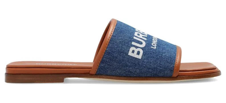 Burberry Logo Print Slipper Sandals Denim Blue Tan (8070752)