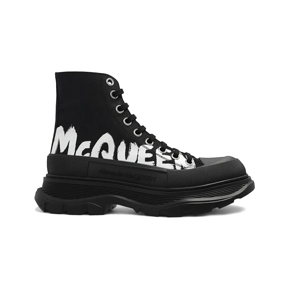 Alexander McQueen Tread Slick High Top Sneakers McQueen Graffiti Logo Black White (708752 W4RQ2 1006)