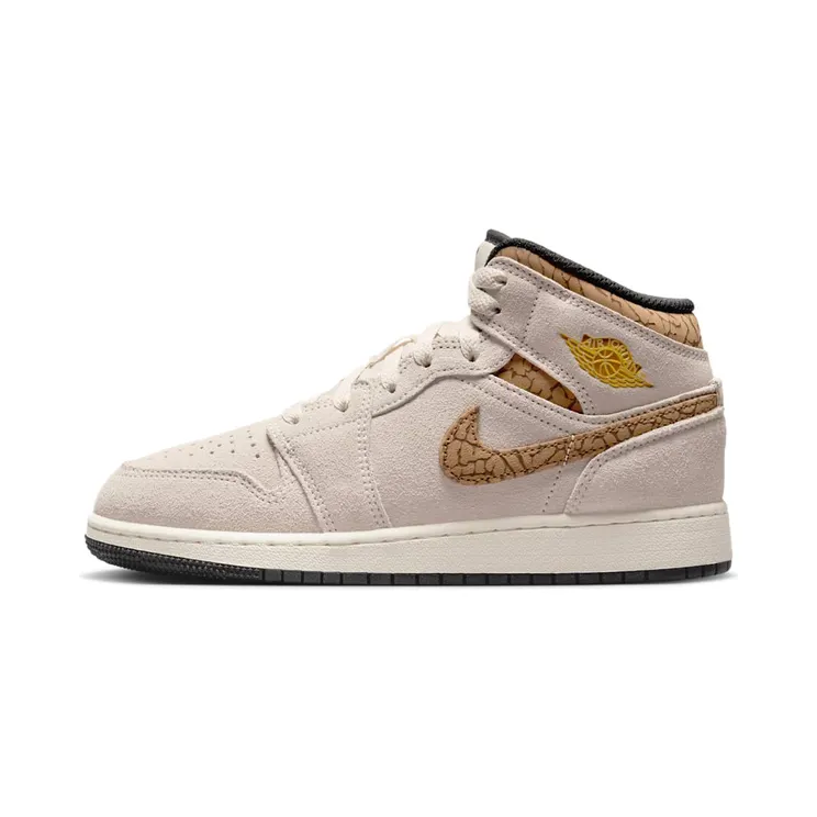 Jordan 1 Mid SE GS Brown Elephant “Light Orewood Brown / White / Light British Tan / Metallic Gold” (DZ5369-102)