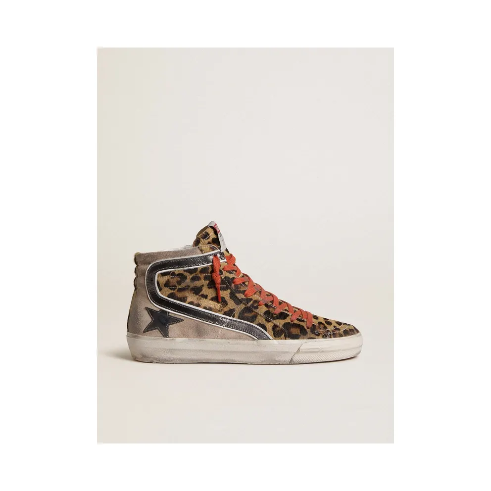 Golden Goose Women’S Slide Ltd In Leopard-Print Pony Skin With Metallic Leather Star And Flash (GWF00116.F008006.15860)