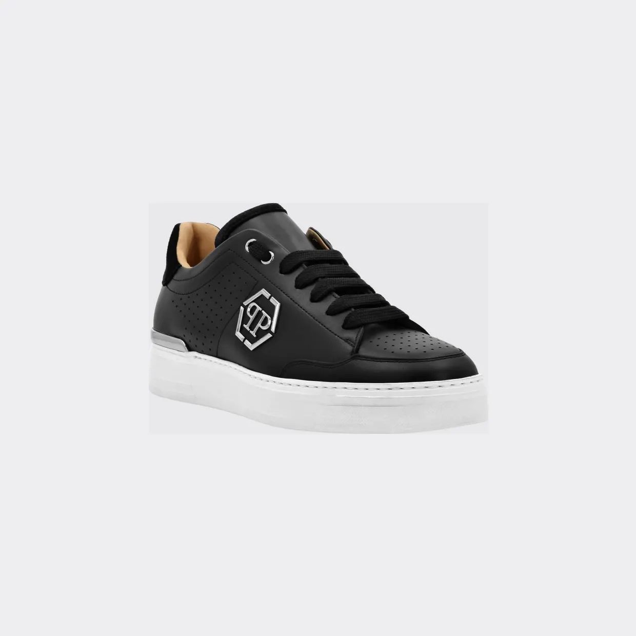 Philipp plein Leather Low-Top Sneakers with Monogram Pattern and Applied Hexagon Logo Black (SADSUSC0538PLE022N02)