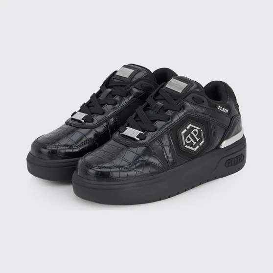 Philipp plein SK8R Low-Top Sneakers in Leather and Mesh with Croc Print and Hexagon Logo Black (PAFSUSC0962PTE003N0202)
