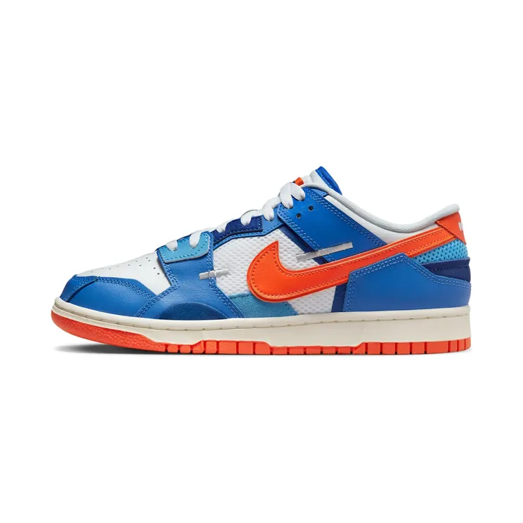 Nike Dunk Low Scrap Knicks “White / Medium Blue / Deep Royal Blue / Safety Orange” (DM0128-100)