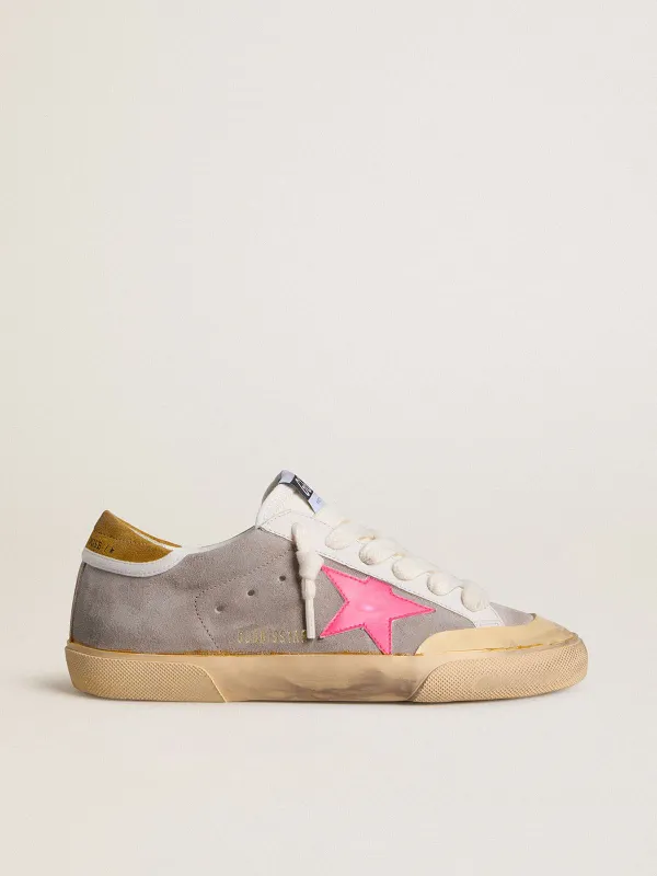 Golden Goose Super-Star In Dove-Gray Suede With Fuchsia Leather Star And Ocher Suede Heel Tab (GWF01026.F007997.83237)
