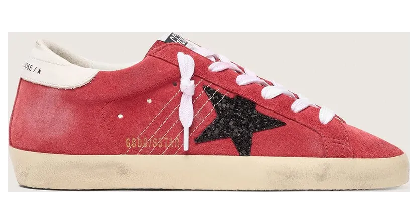 Golden Goose Women’S Super-Star In Red Suede With Glitter Star And White Heel Tab (GWF00101.F007203.40525)