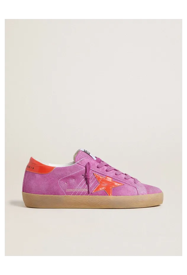 Golden Goose Super-Star In Fuchsia Suede With Fluorescent Orange Laminated Leather Star And Heel Tab (GWF00101.F007280.45440)