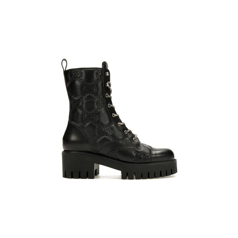 Gucci GG 70mm Quilted Lace Up Boots Black Leather (718386 DS8U0 1000)