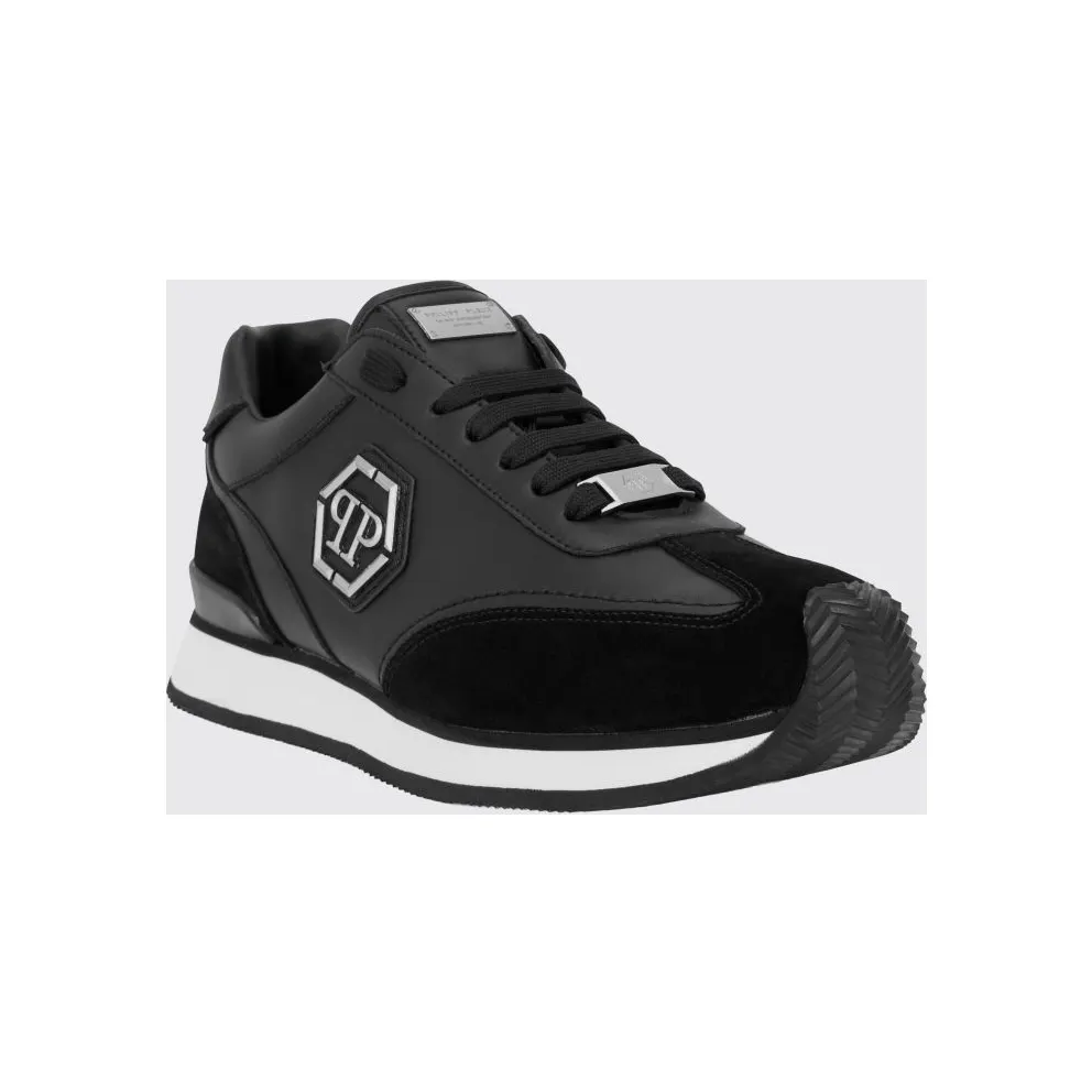 Philipp plein Leather and Suede Low-Top Sneakers with Hexagon Logo and Monogram Black (UAFSUSC1074PLE005N02)