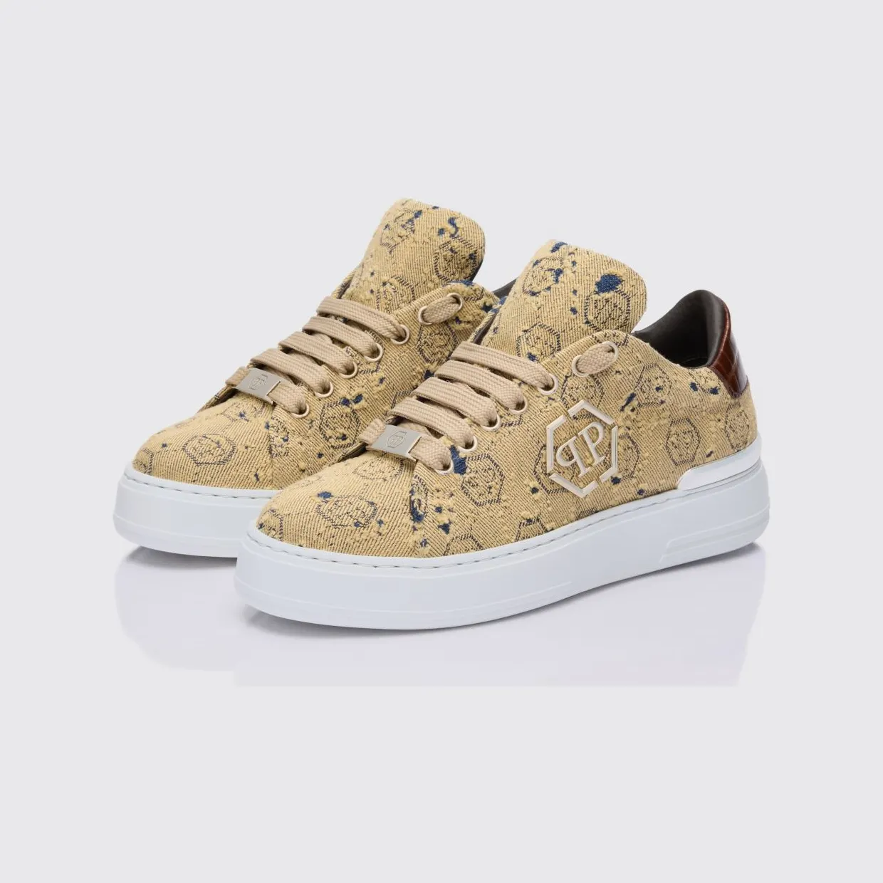 Philipp plein Bleached Denim Sneakers with Hexagon Jacquard Brown (SAFSUSC0917PTE021N04)