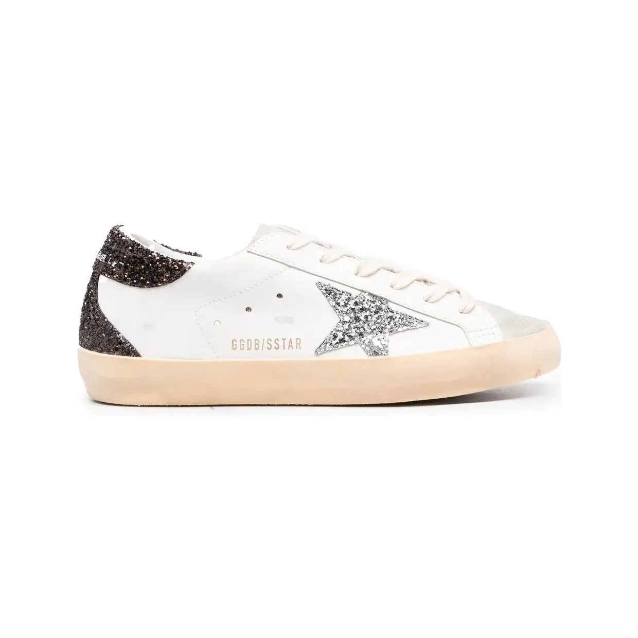 Golden Goose Super-Star mit silberfarbenem Glitter-Stern und brauner Glitter-Fersenlasche “White” (GWF00102F003971)