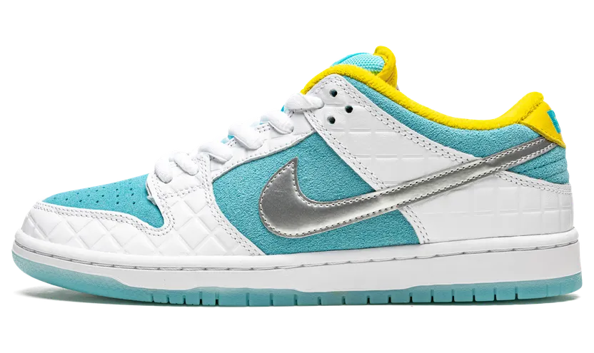 Nike x FTC SB Dunk Low (2021) – “White / Lagoon Pulse-metallic Silver-speed Yellow” (DH7687-400)