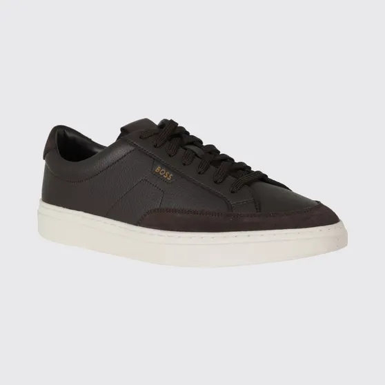 Boss Kieran Low-Top Trainers in Grained Leather with Printed Logo Brown (50568536201)
