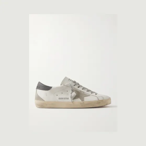 Golden Goose Super-Star Distressed Suede-Trimmed Leather Sneakers White (GMF00102.F006113)