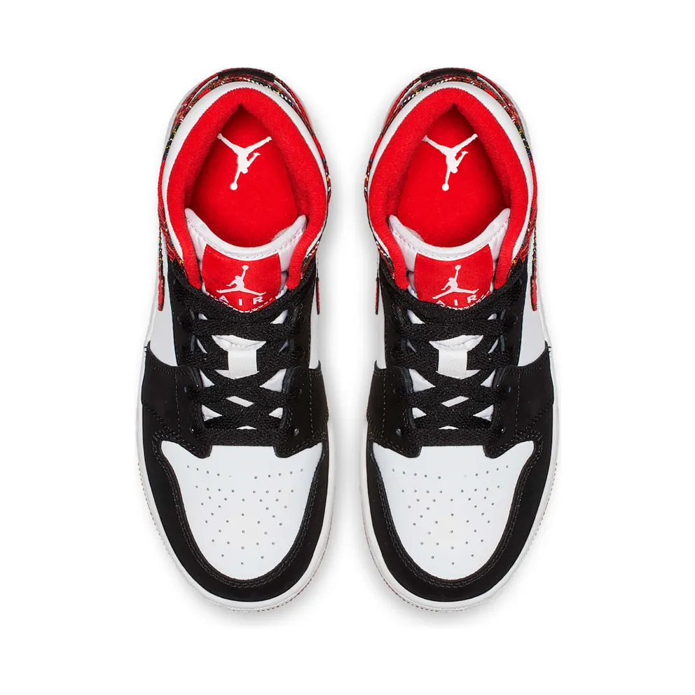 Jordan 1 Mid White Plaid (GS) Habanero Red/Black-White (554725-607)