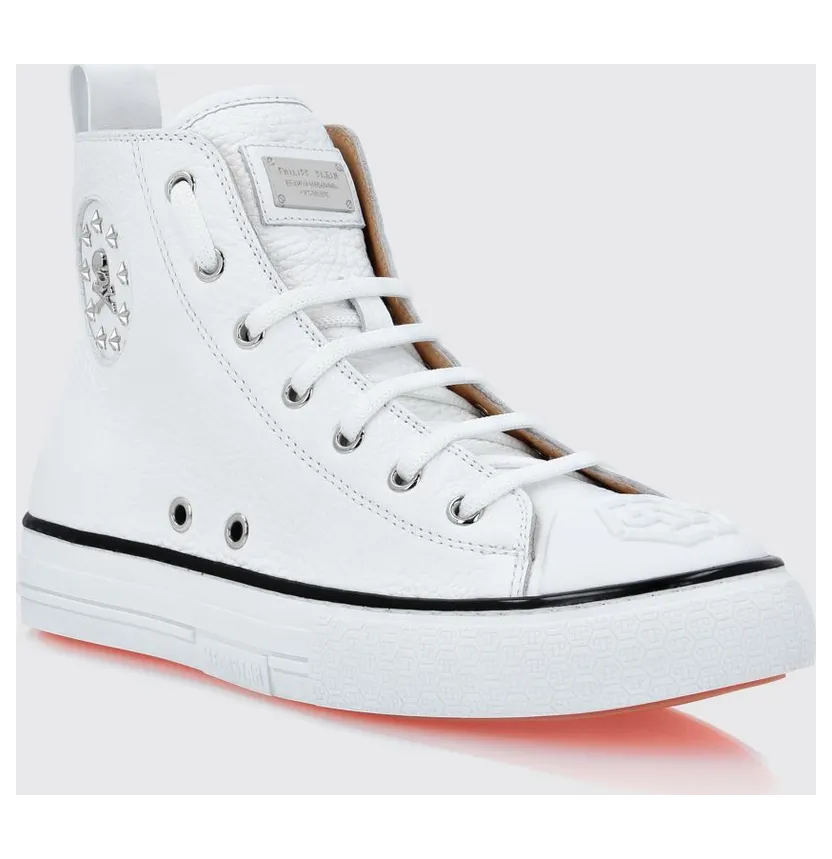 Philipp plein High-Top Hammered Leather Sneakers with Skull and Star Print White (PAASWSC2098PLE010N01)