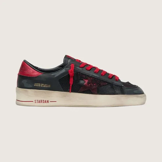 Golden Goose Men’S Stardan In Black Leather With Red Star And Black Mesh And Red Leather Inserts (GMF00190.F000947.90235)