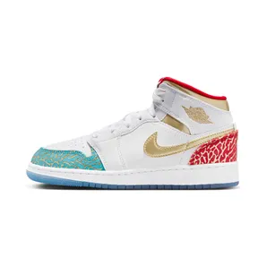 Jordan 1 Mid School NC to Chicago “White / University Red / Blue Lightning / Metallic Gold” (FB2212-100)