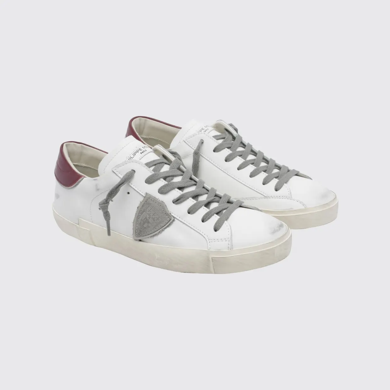 Philippe Model Paris Leather Low-Top Sneakers with Worn Effect and Shield Logo White 1 (PRLUV038)